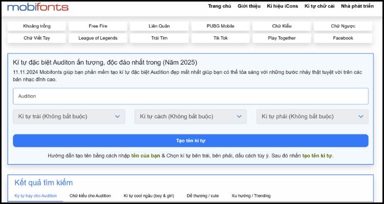 Hướng dẫn cách tạo tên kí tự đặc biệt Audition trên Mobifonts 